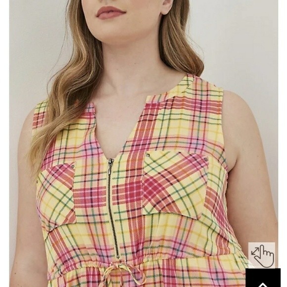 Mini Challis Zip Front Shirt Dress Yellow Fall Plaid Sleeveless Knee Length 3X - Picture 3 of 5